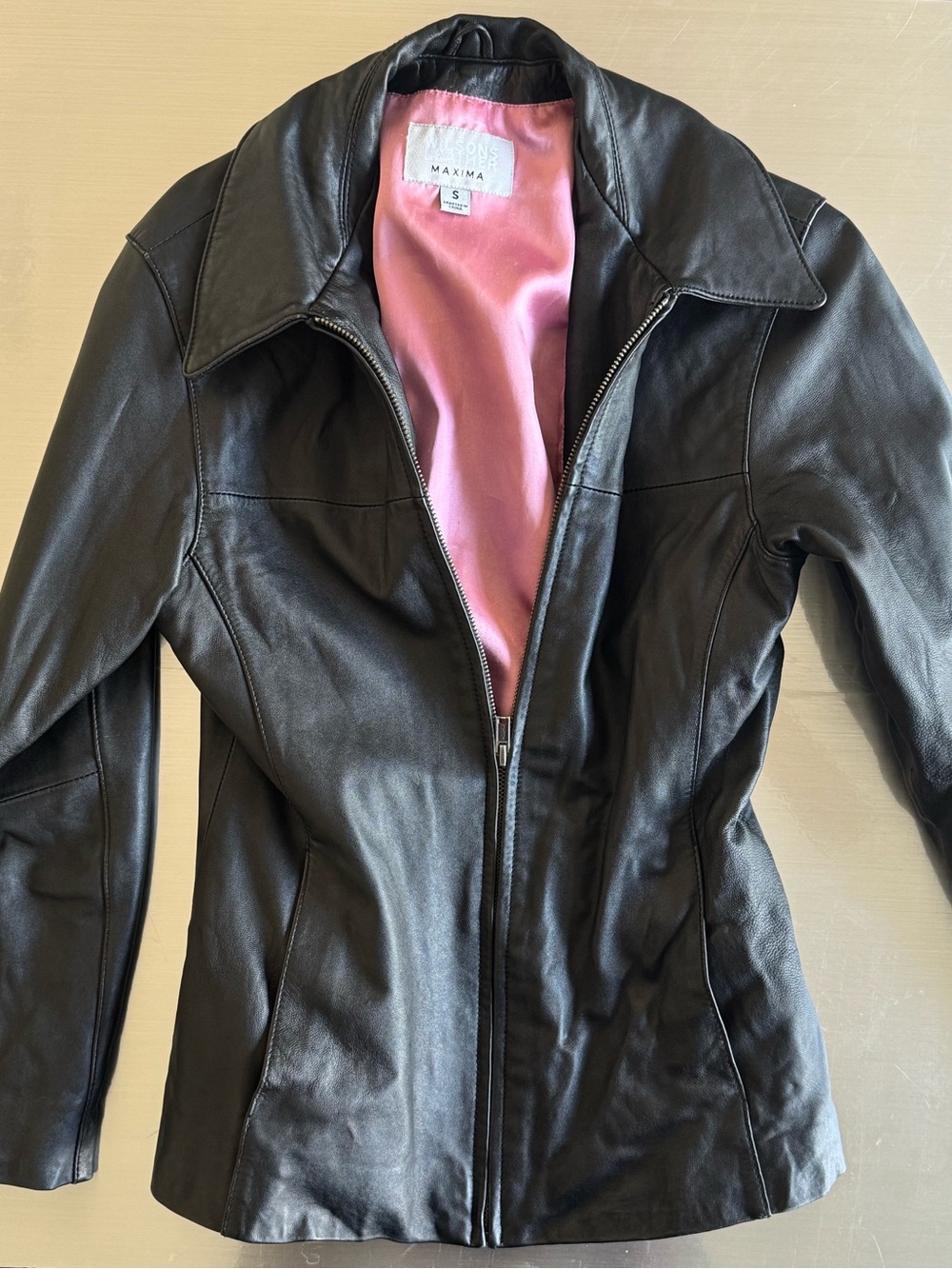 Wilsons Leather Black Leather Zip-Front Jacket with Pink Lining